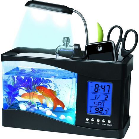 Mini aquarium USB avec lampe LED, horloge à affichage LCD et boîte de rangement (1/4)
