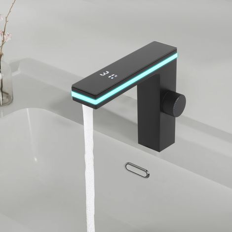 Grifo de baño para lavabo con indicador digital de temperatura e iluminación LED, alimentado por agua, de cobre, con núcleo de válvula cerámico (negro) (1/5)