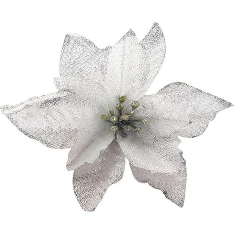 QAZQA Fleur Artificielle Noel Poinsettia (Lot de 10) - Fleur de Noel, Argent pour Guirlandes et Couronnes - Fausse Fleur Sapin de Noël - Décoration et Artisanat (1/5)