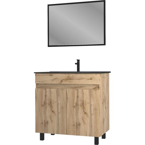 meuble salle de bain 80x80 cm - finition chene naturel + vasque noire + miroir - timber 80 - pack05 — vue 3