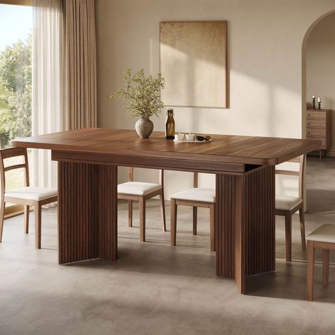 Table à Manger Extensible Rectangulaire 120-160x80x76,1 cm, Pieds en V Rainurés, MDF et Métal, Noyer (1/5)
