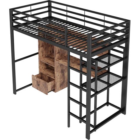 Hochbett 90 x 200 cm aus Metall und MDF, schwarz, mit Schreibtisch, Schublade, Regalen & LED (1/5)