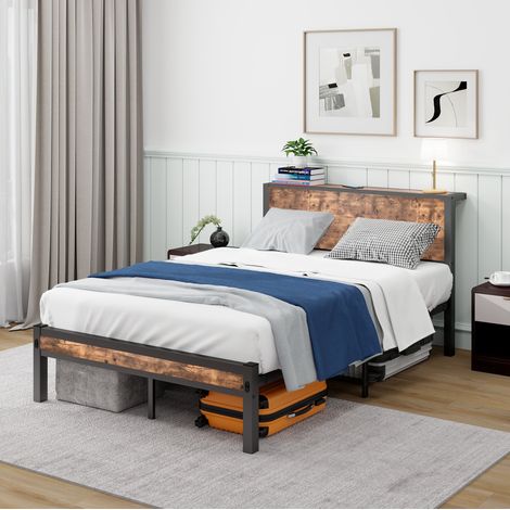 Einzelbettgestell 120x200 cm mit Stauraum, Metallrahmen, 13 Metalllatten, MDF, Antikbraun (1/5)