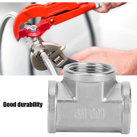 Raccord en T fileté en acier inoxydable 304 pour tuyaux industriels, étagères et outils ménagers. Filetage femelle 3/4 po x 3/4 po x 3/4 po. (1/5)