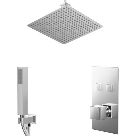 Cubix Polished Chrome Push Button Diverter Concealed Thermostatic Shower Valve and 400mm Square Head with 150mm Ceiling Arm and Outlet Holder with Kit - 2 Outlet