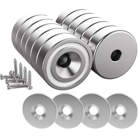 12 aimants en néodyme, résistance à la traction maximale 10 kg, 20 x 7 mm, comprend 12 rondelles en acier et des vis M4 pour le montage. (1/5)