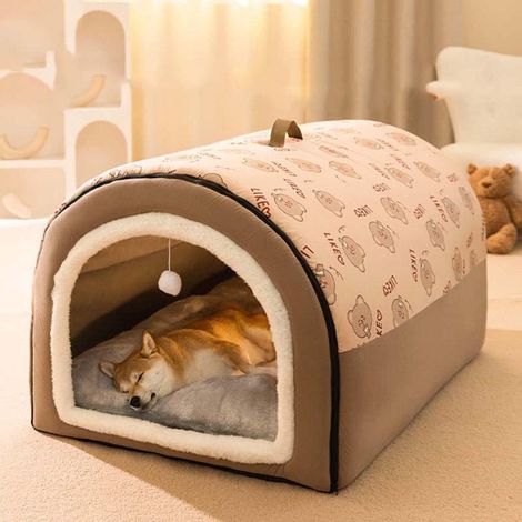 Niche pour chien 2 en 1 - 1 unité - Lin et coton doux - Pliable et lavable - Intérieur et extérieur - M 50x40x35 cm Marron (1/5)