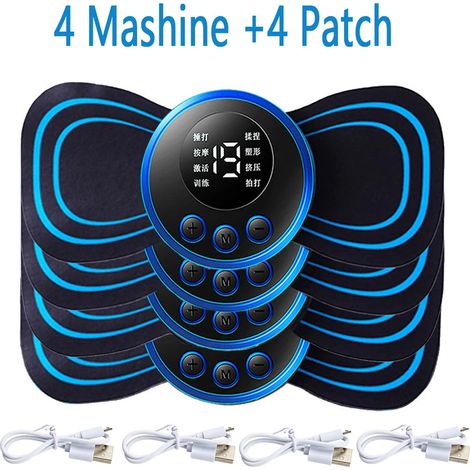 Set mit 4 EMS-Elektropflastern für Nacken- und Rückenmassage, LCD-Bildschirm, 8 Modi, pulsierender Muskelstimulator, tragbar, Schmerzlinderung 00526-AquaForge