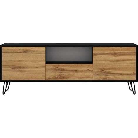 Selsey – Meuble TV moderne 137 cm – 3 compartiments fermés – Étagère ouverte – Noir et chêne wotan – Pieds en plastique – Style industriel (1/7)