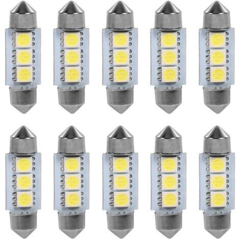 Lot de 10 ampoules LED 36 mm 12 V – 3 SMD 5050 blanches – Éclairage intérieur de voiture – Durée de vie : 50 000 heures (1/5)