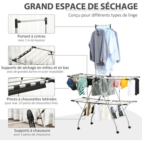 HOMCOM Séchoir roulettes inox 138,5x63x208 cm argent noir (1/5)