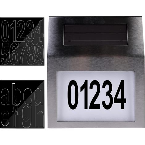 Numéro de maison solaire lumineux en acier inoxydable - 2 LED - Numéro de maison solaire en acier inoxydable - Avec interrupteur crépusculaire IP65 - Étanche avec numéros 0-9 et lettres A-Z (1/5)