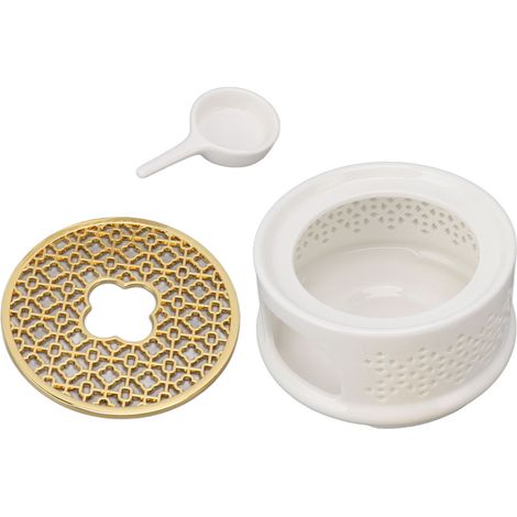 Chauffe-théière/cafetière en céramique avec couvercle cuillère et porte-bougie blanc