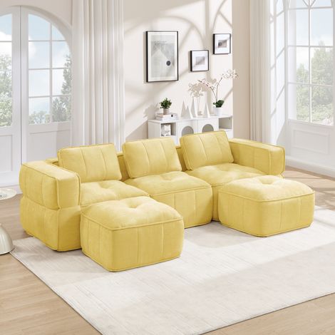 Canapé d'angle modulable 3 places en U, 2 ottomans inclus, sans structure, mousse résiliente 32D, siège spacieux, revêtement textile moelleux, parfait pour séjour, prêt à l'emploi, teinte jaune. (1/5)