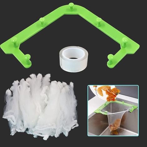 Kit de filtration pour évier cuisine comprenant 1 support triangulaire nano autocollant et 100 sacs filtrants verts (1/5)