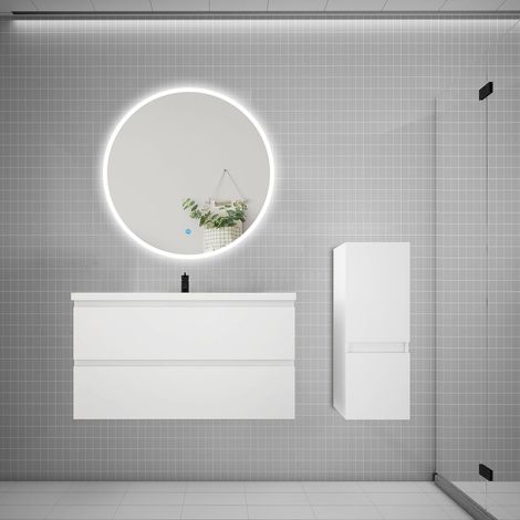 Ensemble meuble vasque L.99cm 2 tiroirs + lavabo + LED miroir rond 90cm + colonne,blanc (1/5)
