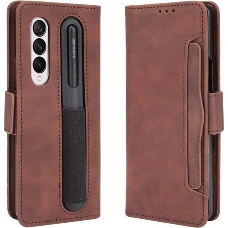 Coque Samsung Galaxy Z Fold 4 5G Antichoc Cuir PU Portefeuille Fentes et Porte-S Pen Housse Etui pour Galaxy Z Fold 4 -Marron (1/5)