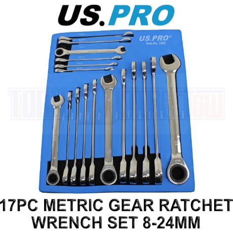 US PRO Tools 17pc 8mm-24mm Metric Gear Ratchet Wrench Spanner Set Eva Foam Tray 3566 (1/3)