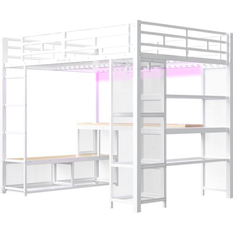 Cama alta de metal 140 x 200 cm blanca con escritorio, almacenamiento y armario abierto (1/5)