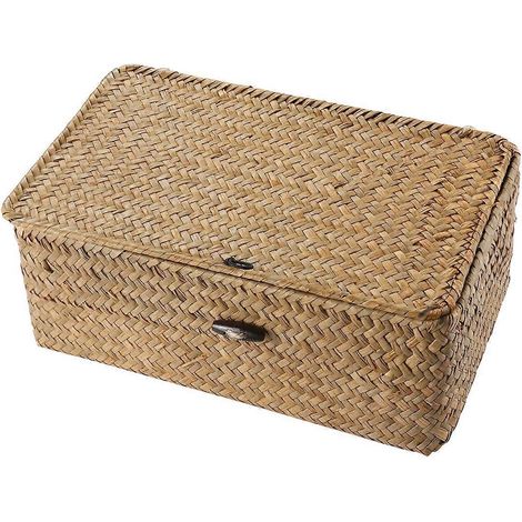 Vosarea 1PC Nouveau panier tressé en algues et paille, boîte de rangement de bureau, panier de rangement tressé à la main - Taille S (1/2)