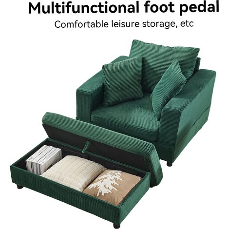 GagaChaise longue avec rangement et repose-pieds, 3 coussins, vert émeraude (1/5)