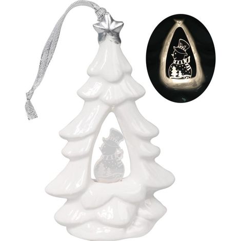 Albero di Natale in ceramica con pupazzo di neve illuminato a LED, bianco, 15 cm. (1/4)