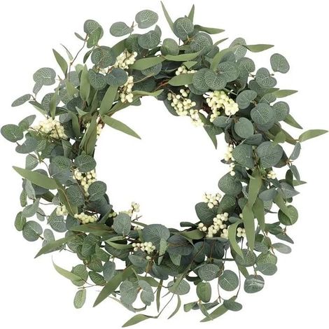 Couronne d'eucalyptus artificiel, couronne d'automne à feuilles vertes, 50 cm, pour la décoration de fenêtre et de terrasse (1/4)