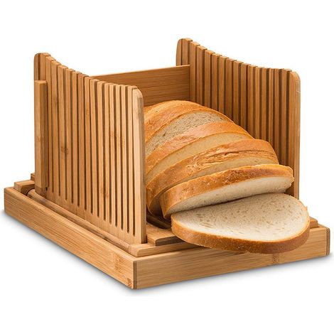 Tabla de cortar pan de bambú con bandeja recogemigas y 3 grosores ajustables, plegable, fácil de limpiar, para baguettes y challah de 30 cm (12 pulgadas). (1/3)
