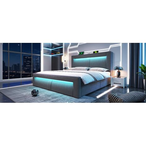 Lit double (140 x 200 cm) avec rangement. Matelas à ressorts hydrauliques. Éclairage LED contrôlé par application mobile. Ports USB et USB-C. Gris. Matelas non inclus. (1/5)