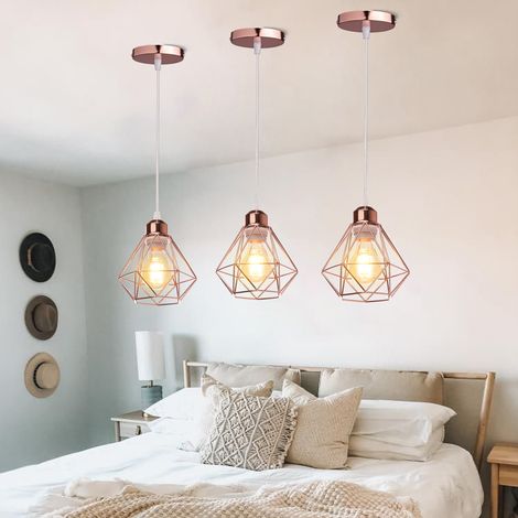 3PCS Lustre Suspension E27 16CM Cage Diamant en Métal Doré Rose Plafonnier Luminaire pour Couloir Escalier Chambre