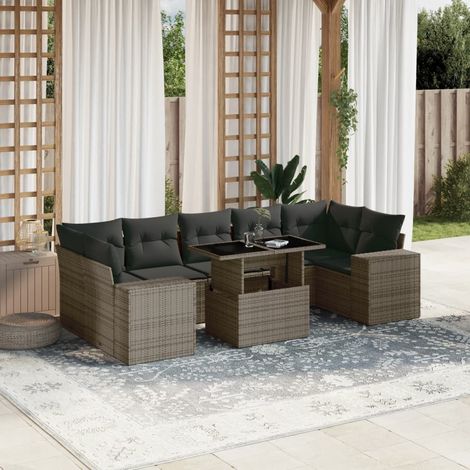 Salon de Jardin 8 Places Modulable en Résine Tressée Gris avec Coussins Lavables et Table à Hauteur Réglable (1/5)