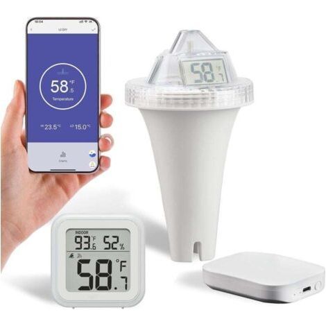 Wi-Fi Thermomètre de Piscine Flottant, Étanchéité IP68, Thermometre Piscine Connecté, App Moniteur à Distance,Thermomètre Piscine Sans Fil Radio avec Passerelle WiFI, pour Spa, Aquarium, É