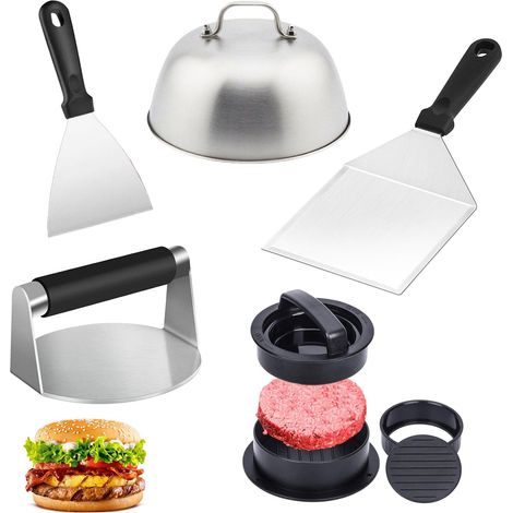 Burger Smasher Set, Kit de Presse à Hamburger, Smash Lot de 5 Hamburgers en Acier Inoxydable, avec Presse à Hamburger, 2 Spatules, et Cloche, pour Gril à Gaz, Plaque à Feu, Teppanyaki (1/5)
