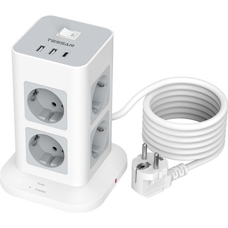 Multiprise avec Interrupteur, Rallonge Electrique 2M, Gris Prise Multiple 8 Sorties AC avec 1 USB,C et 2 USB A, Parafoudre et Surtension, 3600W Tour Multiprise pour Maison, Bureau (1/5)
