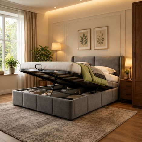 Lit capitonné 140×190cm,lit double avec espace de rangement,lit coffre avec tête de lit rembourrée,Sommier à lattes,lit adulte,lit ados，Velours,Gris