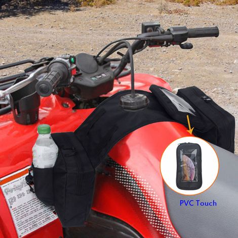 Sacoche de réservoir universelle étanche pour motos, motoneiges et quads, compatible avec porte-bagages et supports tactiles pour téléphone. (1/5)