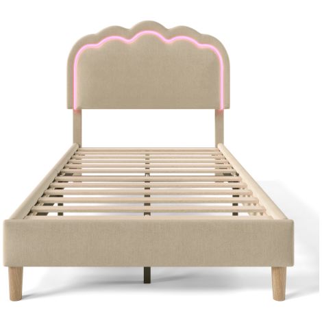 Polsterbett LED Einzelbett , Bettgestell mit Lattenrost und Verstellbares Kopfteil, Gepolstertes bett in Rosa,Bettrahmen Jugendbett für Schlafzimmer Gästezimmer-Samt