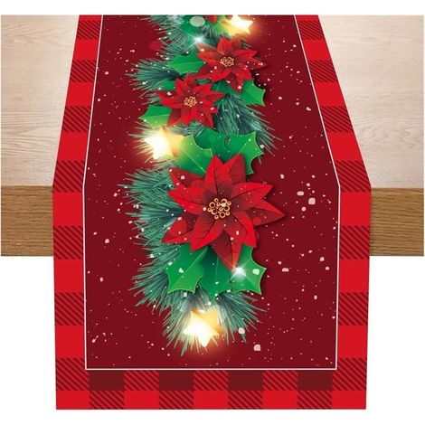 Runner da tavola natalizio con stella di Natale rossa e acquerello, vite natalizia con motivo a stella dorata, tovaglia invernale stagionale, per le feste, cucina, sala da pranzo, decorazione da tavol (1/5)
