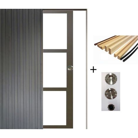 Porte Coulissante Gris Taupe Ral 7006 Vitrage Transparent H204 X L73 Cm, Galandage, Kit Finition (coquille Et Tire Doigt) Gd Menuiseries