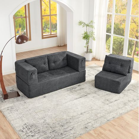 Sofá cama modular gris oscuro en tela con sillón plegable, espuma viscoelástica y bolsillos laterales (1/5)