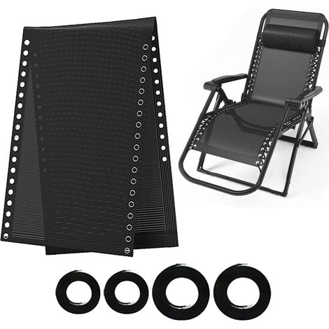 Tumbona plegable Teslin de lona negra, de 52 cm de ancho, con juego de cuerdas de repuesto y accesorios para tumbona de playa.
