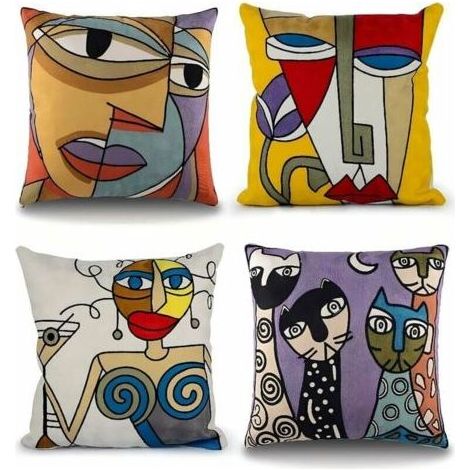 Lot de 4 Housse de Coussin Picasso 45x45 cm Coton Lin Brodé Housses Coussins Canapé Décoration Salon Scandinave Chambre Lit Fauteuil de Bureau Design Motif Visage Abstrait Vintage Colorée (1/5)