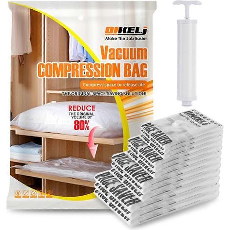 Lot de 6 sacs de rangement sous vide avec valve, pliables et étanches, pour vêtements et voyages. Pompe manuelle incluse. (1/2)