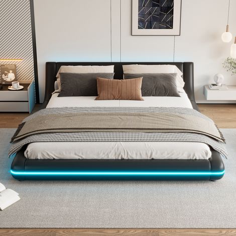 MEUBLIV Lit 160x200 cm noir â cadre de lit bas avec LED et tĂ©lĂ©commande, sans matelas (1/5)