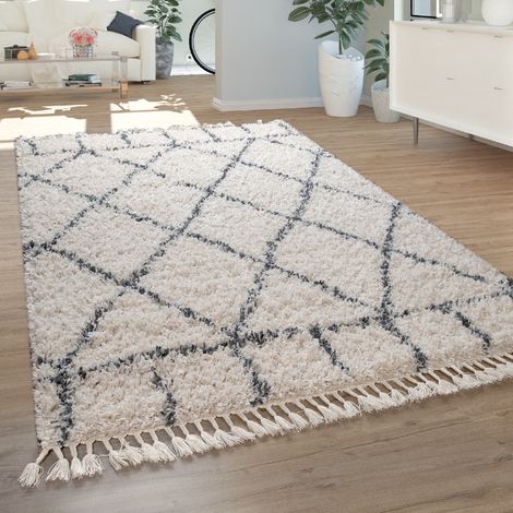 Paco Home Wohnzimmer Teppich Shaggy Hochflor Modern Rautenmuster Karo In Creme Blau 80x150 cm
