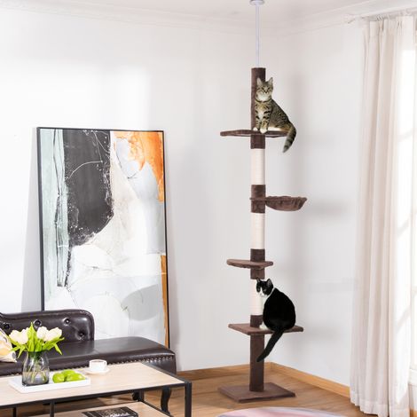 Árbol rascador de techo ajustable 230-260 cm, 5 niveles, sisal, marrón, 40 x 34 cm (1/5)