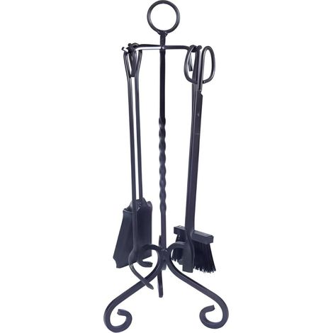 Serviteur/Garniture de cheminée ensembles d'outils pince à feu pelle brosse en fer forgé coloris Noir - Hauteur 66cm