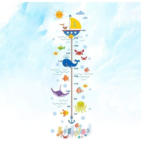 Größenmesslatte mit abnehmbaren Fisch- und Wal-Aufklebern im Ozean-Design, die Zentimeter für das Babyzimmer misst