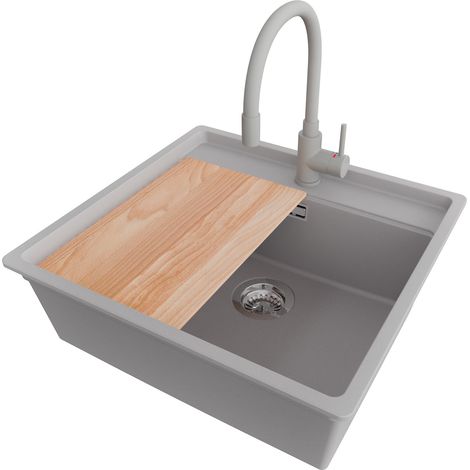 PRIMAGRAN Evier Cuisine en Granit 56x53cm,Lavabo 1 bac + Robinet 38x14cm + Kit de Vidage + Planche à Découper, Évier à Encastrer au meuble 60cm - Bergen, Gris (1/5)