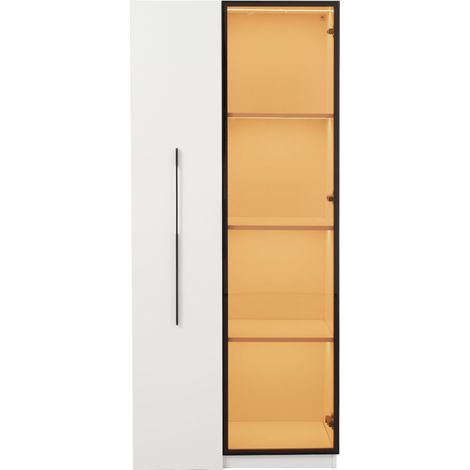 Armario multifunción blanco de 160 cm con vitrina de vidrio templado, LED y ruedas (1/5)